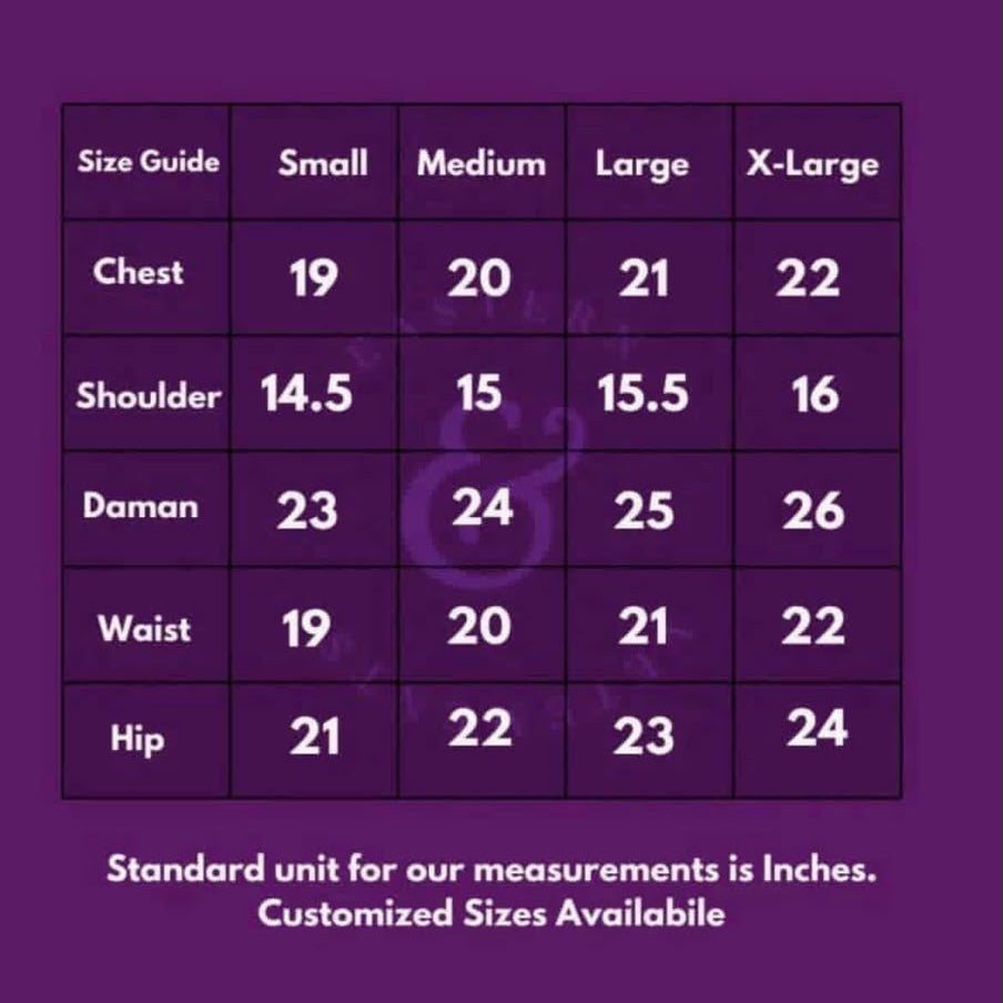 Purple size chart table showing measurements for Small, Medium, Large, and X-Large sizes, including chest, shoulder, damen, waist, and hip in inches, with text below stating standard unit is inches and customized sizes available.